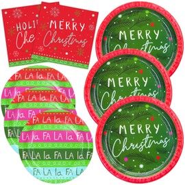 Christmas Party Supply Kit 150 Count, Christmas Disposable Dinner Plates, Dessert Plates and Lucheon Napkins Dinnerware Set for Merry Christmas Falala Winter Holiday Xmas Party Decorations, Serves 50