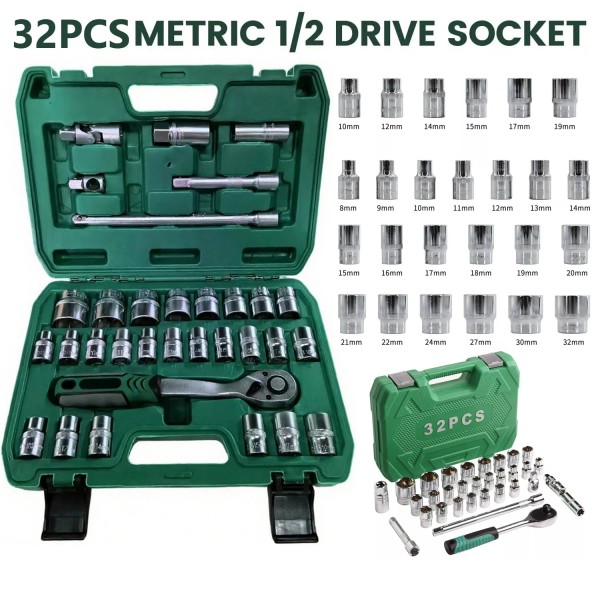 Yuker 32 Pcs 1/2" Drive Socket Set Metric 8-32mm Sockets