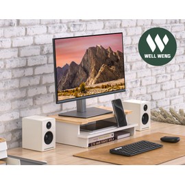 WELL WENG Monitor Stand Monitor Stand Riser for Desk,Wood Desk Shelf Storage Organizer with Phone Tablet Holder (16.5 Inch, White & Natural Bamboo)