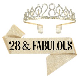 UVATAHONA 28th Birthday Sash and Tiara for Women, 28 & Fabulous Birthday Sash and Crown for Party Favors Supplies and Decorations, Gold