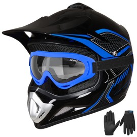 ILM Youth Kids Dirt Bike Helmet ATV Motocross DOT Off-Road Street Helmet Goggles Gloves Full Face Protective Helmet Model BLD-818(Blue,Youth-Medium)