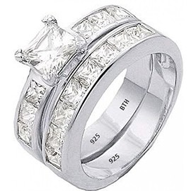 925 Sterling Silver Princess Cut Cubic Zirconia Ring with Half Eternity Channel Band Wedding Engagement Ring Set X