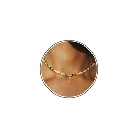 JSJOY Initial Necklaces for Women Dainty Beaded Pearl Choker Summer Necklace Gold Initial J Colorful Beaded Tiny Letter Necklace Aesthetic Handmade Rainbow Beaded Beach Necklace Y2K