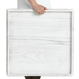 Yoande Extra Large Square Ottoman Table Tray with Wooden Bead Washed Wooden Serving Tray Multipurpose Decorative Square Ottoman Tray for Coffee Table Platter Room Kitchen Counter (White,24 x 24 Inch)
