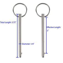 2 Pack Quick Release Pin, Diameter 1/4"(6.3mm), Total Length 3.75"(95mm), Effective Length 3"(76mm), Full 316 Stainless Steel, Bimini Top Pin, Marine Hardware