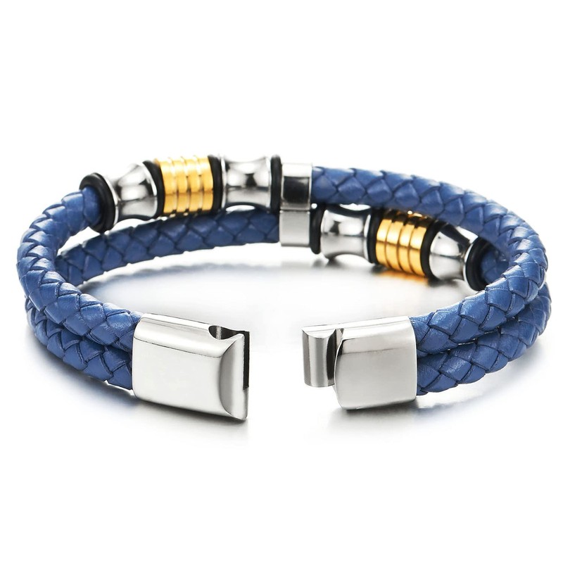 COOLSTEELANDBEYOND Mens Blue Braided Leather Bracelet Double-Row Bangle Wristband, Silver