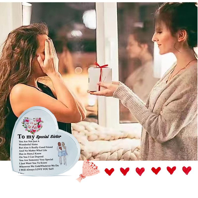 Crystal Glass Gifts for Sister, Heart-Shaped Plaque Keepsake,Christmas Birthday Gifts