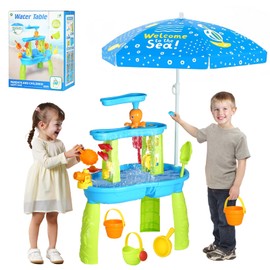 Hugut 2025 Upgraded 3-Tier Sand Water Table with Umbrella – Outdoor Backyard Sensory Activity Table for Kids, Perfect for Boys and Girls Summer Fun