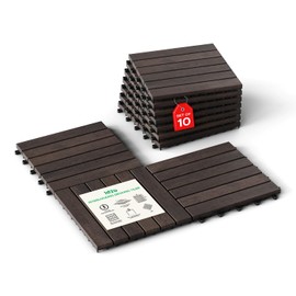 Idzo Interlocking Deck Tiles 9.6 SQFT - 10PCS Waterproof Acacia Wood Patio Tiles, Flooring Tiles for Indoor and Outdoor - Decking Stripe Pattern, 11.81 x 11.81 x 0.91 Inches, Dark Brown