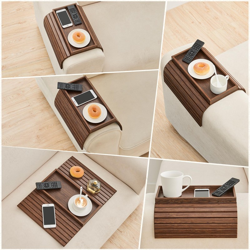 GEHE Bamboo Sofa Arm Tray, Foldable Couch Arm Tray Side