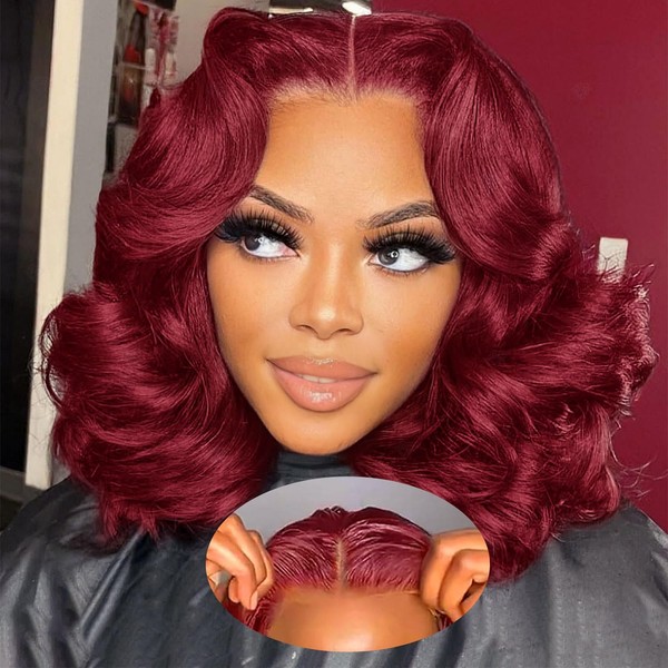 99j Burgundy Glueless Body Wave Bob Wig Human Hair 200%