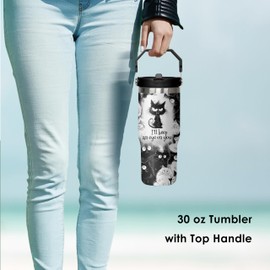 mvhsuoem 30 oz Cat Black Flip Straw Tumbler with Top Handle for Cat Black Lover Resuable Vacuum Insulated Flip Top Water bottle for Home Office Car