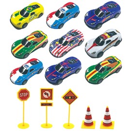 YSJCHEBS 9-Piece Racing Models and 5-Piece Road Block Models, Mini Racing Toy, Metal Toy Cars, Children's Toy, Creative and Interesting Toy