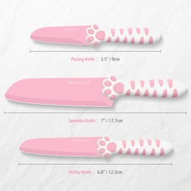 Meowkit 3-piece knife set, Kitchen Knife Set for Cooking, Pink Block Kitchen Knives