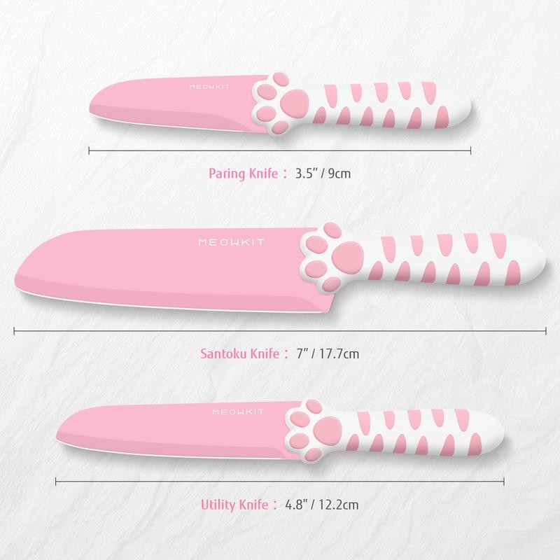 Meowkit 3-piece knife set, Kitchen Knife Set for Cooking, Pink