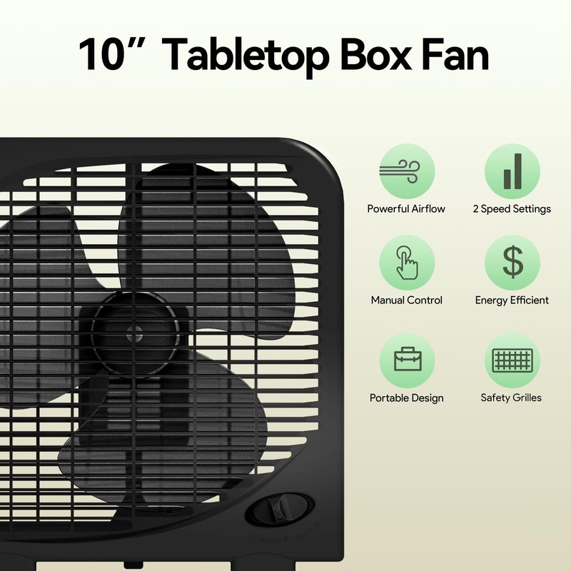 shinic 10" Tabletop Box Fan for Bedroom, 2 Speeds, Quiet