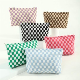 Checkered Makeup Bag for Women Large Capacity Travel Cosmetic Bag Makeup Pouch for Purse Zipper Toiletry Organizer Cute Y2K Aesthetic Trendy Adults Makeup Brushes Storage Bag (Orange Pink Streak)