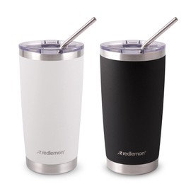 Redlemon Vaso Térmico Doble Pared de Acero Inoxidable 600 ml (2 Piezas). Termo para Agua y Café con Tapa Hermética. Taza Mantiene tu Bebida Caliente 4 Horas y Fría 6 Horas. Incluye Popotes y Limpiador