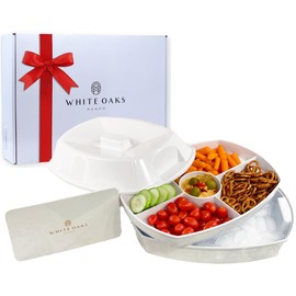 Upgraded White-Color Chilled Veggie Tray, 15-inch Party Platter with 4 Compartments, Ice Serving Bowl with Lid, Cold Food Buffet Server for Fruit, Vegetable, Appetizer, Shrimp
