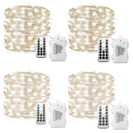 Fairy Lights Battery Operated LED String Lights with Remote 4 Pack 33FT 100 LED 8 Modes Waterproof Silver Wire Firefly Lights for Bedroom Christmas Party Weeding Garden Home Decoration (Cool White)