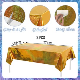 2pcs 137x274cm Gold Tablecloth for Gold Party Decorations,Plastic Holographic Table Cloths Foil Table Cover Metallic Disco Tablecloth for Outdoor Picnic,Birthday,Christmas Party Decorations