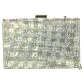 Girly Handbags Womens Luxury Shimmer Satin Hard Case Clutch Bag Diamante Encrusted Evening Party Wedding Handbag Medium AB Silver