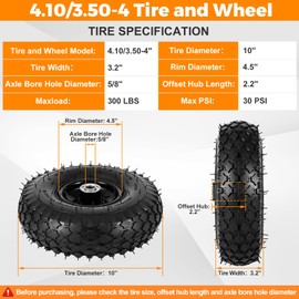 (2 Pack) 4.10/3.50-4 Tire and Wheel, 10-Inch Pneumatic Tire (Black)