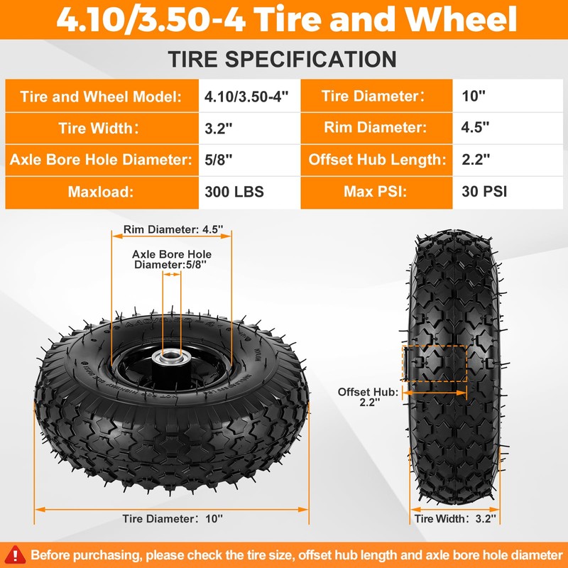 (2 Pack) 4.10/3.50-4 Tire and Wheel, 10-Inch Pneumatic Tire (Black)