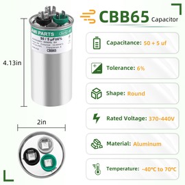 AMI PARTS 50+5 MFD 50/5 uF 370/440V CBB65 CBB65B Round Dual Run Capacitor Replace for 97F9895 Z97F995,for Heat Pump，Condenser Fan，Air Conditioner，HVAC Capacitor-5 Years Warranty