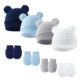 AMMENGBEI Newborn Baby Hats and Mittens Set Bear Ear Baby Beanie Infant Caps Gloves Newborn Hats for Boys(One Size,Set L/0-3 Months)