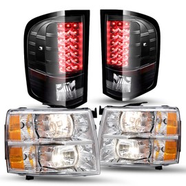 JSBOYAT Headlight & LED Taillights Assembly Fits for 2007-2013 Chevy Silverado 1500/07-14 Silverado 2500 3500 HD Halogen OE Style Factory Headlamp Replacement Pair Set Chrome&Amber