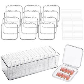 wordmouk Pack of 12 Nail Storage Boxes (8.5 x 8.5 cm) 60 Pieces Double-Sided Nail Tape 1 Packaging Box Transparent False Nails Boxes Nail Stand Holder for Nail Art Business Nail Salons