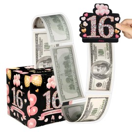 Happy Birthday Money Box for Cash Gift Pull,16th Birthday Gifts for Boys Girls, Surprise Money Roll Gift Box with Pull Out, Pink Gold Birthday Decor for 16th Birthday Party