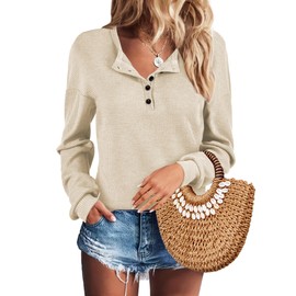 AURUZA Long Sleeve Shirts for Women Henley Shirts Waffle Knit Tops Casual Loose V Neck Tunic Tops Fall Outfits Waffle TShirt (Medium, Beige)