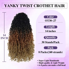 Yanky Twist Crochet Hair for black women 14 Inch 8 Packs 30 Stands/Pc,Pre-looped Fluffy Spring Mini Twist Passion Twist 3 Toned Ombre Brown Synthetic Crochet Braids Braiding Hair(14 Inch, OT30/27-8P)