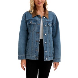 CIMUK Women's Jean Jacket Button Down Corduroy Collar Long Sleeve Western Shacket Denim Jackets X-Large Gray Blue