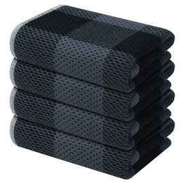Mordimy 100% Cotton Waffle Weave Kitchen Towels, 13 x 28 Inches, Super Soft and Absorbent Buffalo Check Dish Towels for Drying Dishes, 4-Pack, Black & Grey
