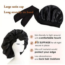 OnlyBee Satin Silk Sleep Bonnet for Women Ladies Adjustable Night Sleeping Cap Soft Elastic Band Bonnets Friz Hair with Tie Band for Curly Hair Braid Black