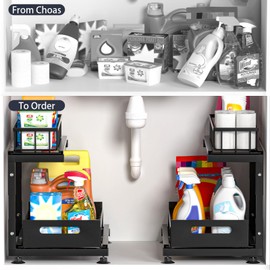 Under Sink Organizer, 2-Tier Pull Out Cabinet Drawer with Adjustable Height 13.7-17.1", Kitchen Bathroom Storage Rack, Heavy Duty Metal Sliding Basket Shelf
