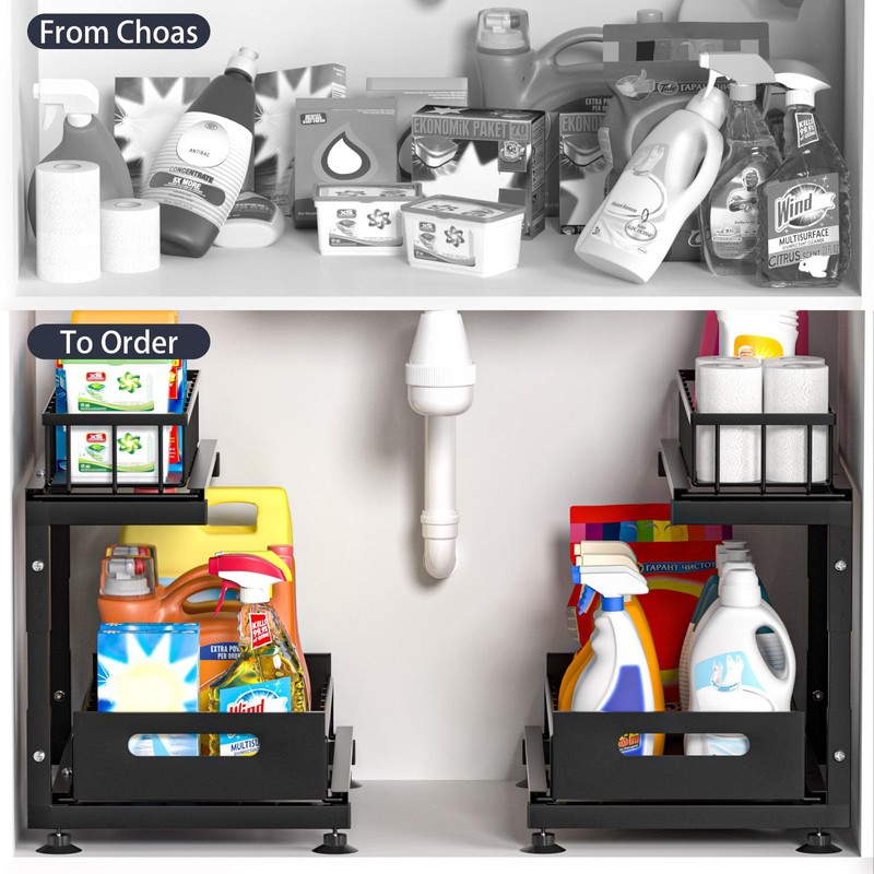 Under Sink Organizer, 2-Tier Pull Out Cabinet Drawer with Adjustable