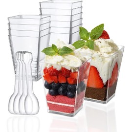 50 Pcs 150ml Square Dessert Cups with Spoons, Clear Plastic Parfait Cup for Party, Mini Serving Shooter Appetizer Cups, Dessert Shot Glasses for Tasting Samples Fruit Ice Cream