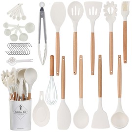 34pcs Kitchen Silicone Cookware Set, Silicone Cooking Kitchen Utensils Set with 10 Hooks, Egg Beaters, Food Holders, Spoons Cooking Tools, Stirring Kitchen Tools for Nonstick Cookware (White)