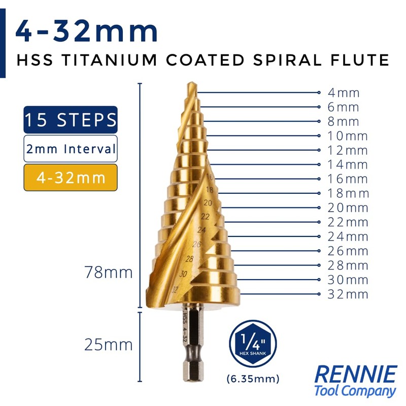 3 Pack - 4mm to 32mm Spiral Flute Step Drill