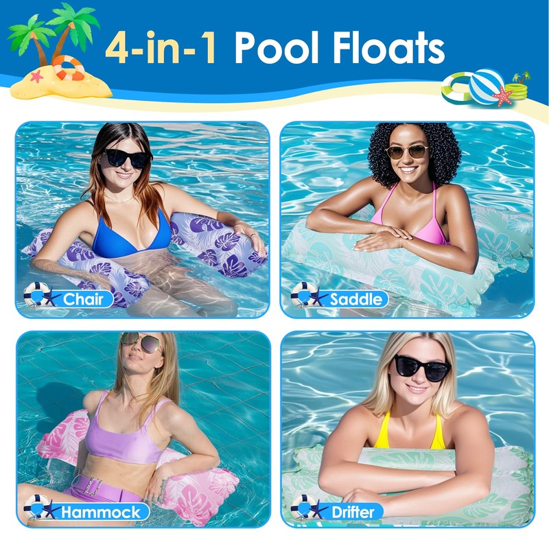 4PCS Inflatable Pool Hammock Floats 4-in-1 Multi-Purpose Water Hammock Floats