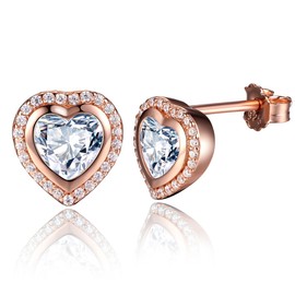 Presenski Women's Rose Gold Stud Earrings Silver 925 Heart Zirconia Stud Earrings Gold Birthday Gift for Mother Women, Sterling Silver, Cubic Zirconia