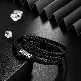 Hipunk Layered Leather Bracelet for Men - Stainless Steel Black Braided Cuff Bangle Wristbands Charm Adjustable Multilayer Protection Bracelet for Women SB0021G