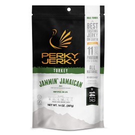 Perky Jerky Jammin' Jamaican Turkey Jerky, 14oz - Low Sodium - 11g Protein per Serving - Low Fat - 100% U.S. Sourced - Tender Texture and Bold Flavor