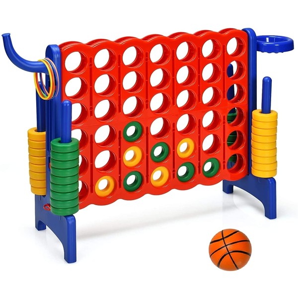 AUGESTER Giant 4 in a Row Connect Game, Jumbo 4 to Score Game Set w/ 42 Chess Rings, Basketball & Hoop, Toss Rings & Quick-Release Lever, Indoor & Outdoor Family Party Game for Kids & Adults, Blue