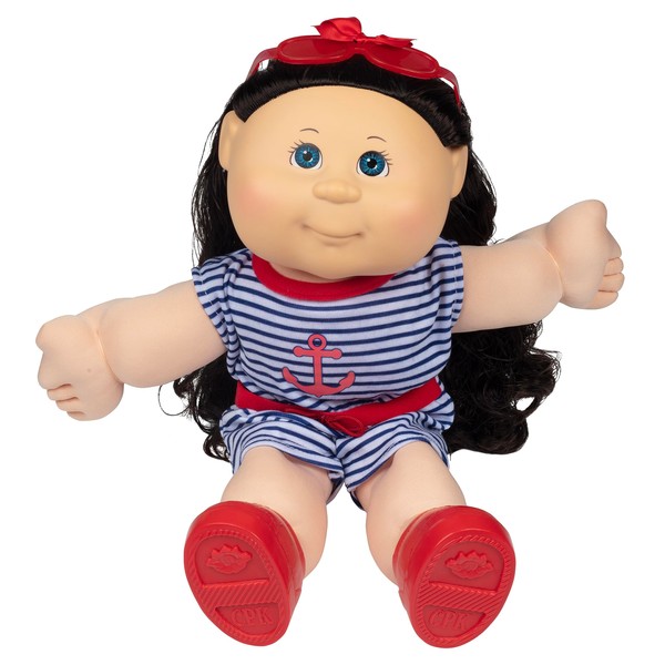 Cabbage Patch Kids Classic Doll with Silk Hair, 16" - Original Vintage Nautical Retro Style Adoptable Baby Doll - Officially Licensed - Gift for Girls - Brunette/Blue Eyes