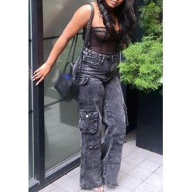 LKOUS Women's Y2K Baggy Straight Wide Leg Cargo Jeans, Streetwear High Waisted Denim Pant Grey